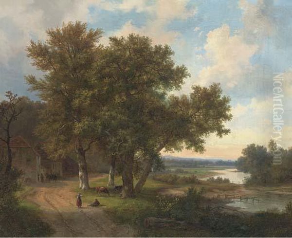 Figures At A Riverside Cottage Oil Painting by Marianus Adrianus Koekkoek