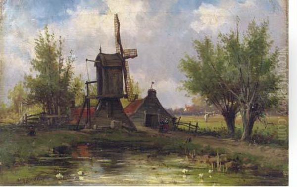 Windmill In A Dutch Landscape Oil Painting by Marianus Adrianus Koekkoek