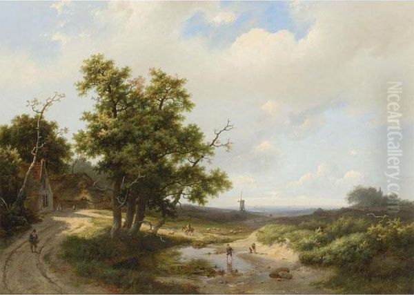 Travellers In An Extensive Summer Landscape Oil Painting by Marianus Adrianus Koekkoek