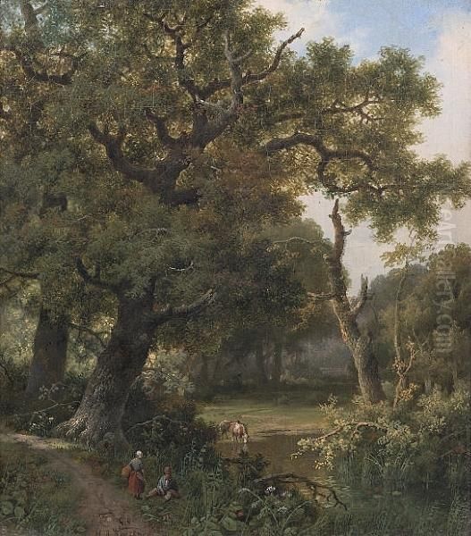 Figures In A Wooded Landscape With Cattle Beyond Oil Painting by Marianus Adrianus Koekkoek