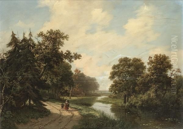 Figures On A Track In A Wooded River Landscape Oil Painting by Marianus Adrianus Koekkoek