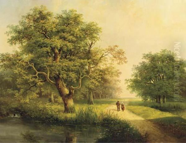 Travellers Passing A Stream In A Wooded Landscape Oil Painting by Marianus Adrianus Koekkoek