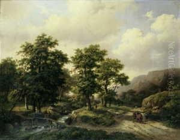 Mittelgebirgslandschaft Mit Pferdefuhrwerk. Oil Painting by Marianus Adrianus Koekkoek