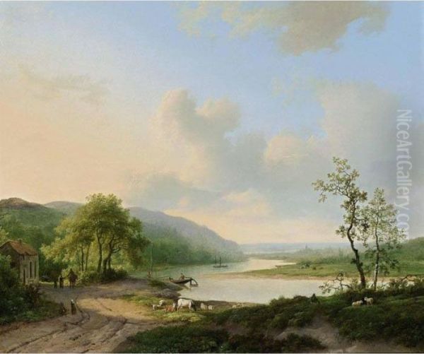 An Extensive River Landscape Oil Painting by Marianus Adrianus Koekkoek