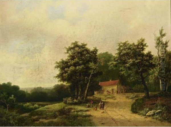 A Summer Landscape With Figures By A Farm Oil Painting by Marianus Adrianus Koekkoek