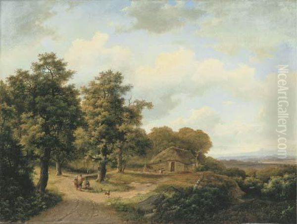 A Wooded Landscape With Peasants On A Country Road Oil Painting by Marianus Adrianus Koekkoek