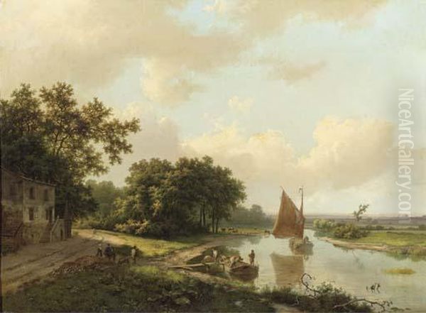 An Extensive Riverlandscape With Figures Unloading A Stone Transport Oil Painting by Marianus Adrianus Koekkoek