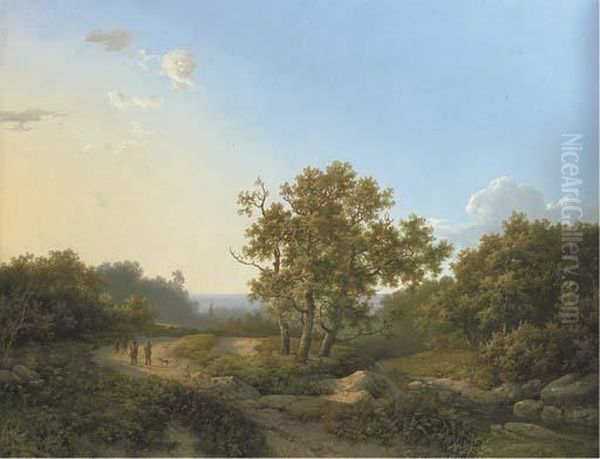 Travellers In A Wooded River Landscape Oil Painting by Marianus Adrianus Koekkoek