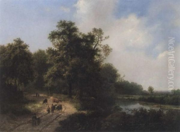 Figures And Cattle On A Country Lane Oil Painting by Marianus Adrianus Koekkoek