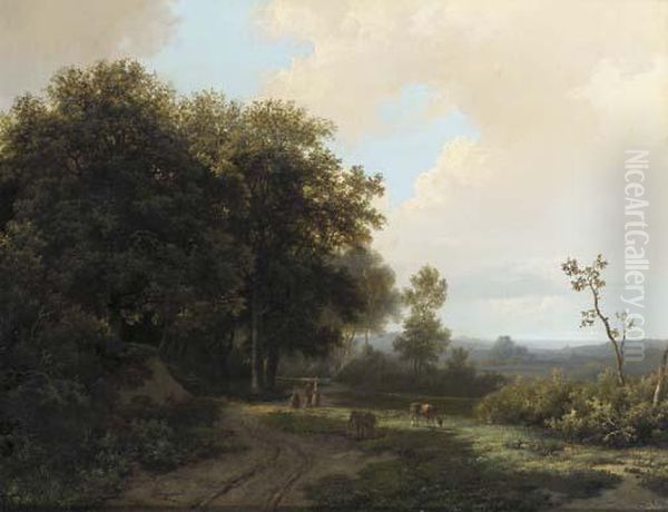 Figures Conversing On A Sandy Track At The Edge Of A Forest Oil Painting by Marianus Adrianus Koekkoek