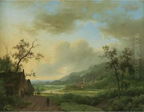 A Mountainous Landscape With Travellers By An Inn Oil Painting by Marianus Adrianus Koekkoek