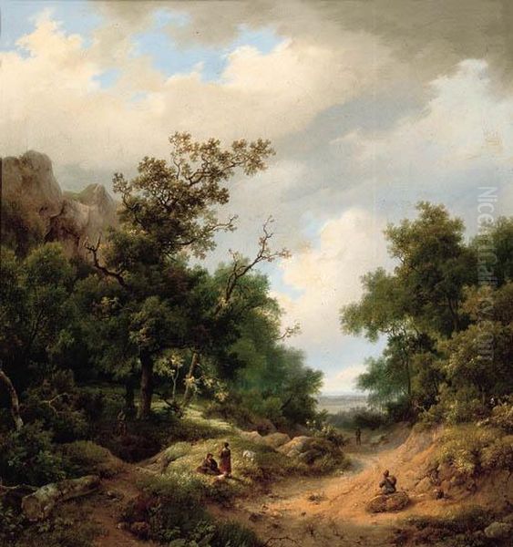 Travellers Resting By The Side Of A Path Oil Painting by Marianus Adrianus Koekkoek