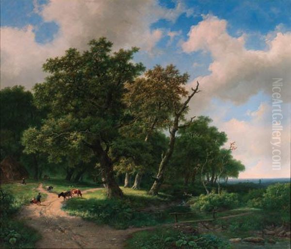 A Wooded Landscape With Cattle On A Forest Trail And A Bridgecrossing A Brook. Oil Painting by Marianus Adrianus Koekkoek