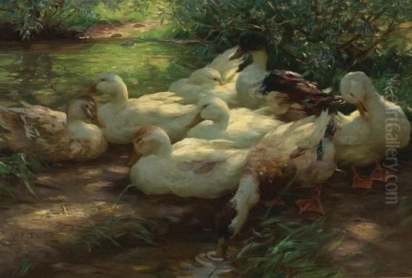 Eight Ducks On The Riverbank Oil Painting by Alexander Max Koester