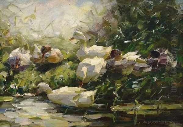 Ducks In The Reed At Pondshore. Oil Painting by Alexander Max Koester