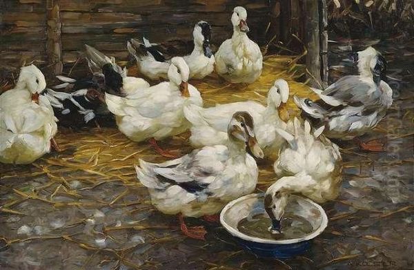 Ducks Laying In Straw Oil Painting by Alexander Max Koester