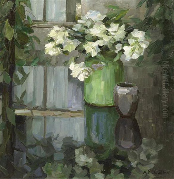 White Carnations In A Green Vase Oil Painting by Alexander Max Koester