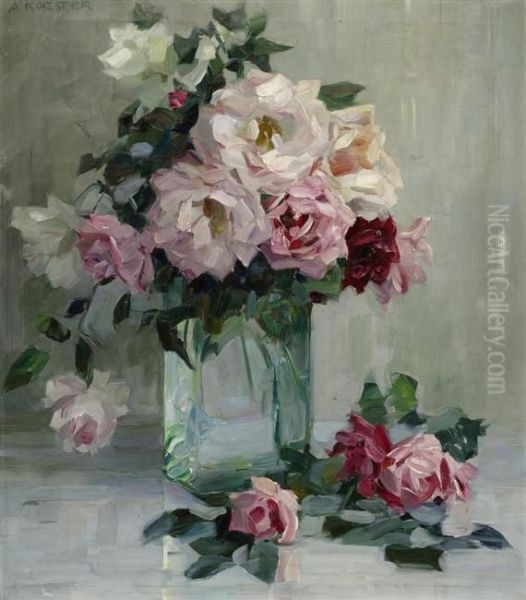 Red And White Roses In A Square Glass Vase Oil Painting by Alexander Max Koester