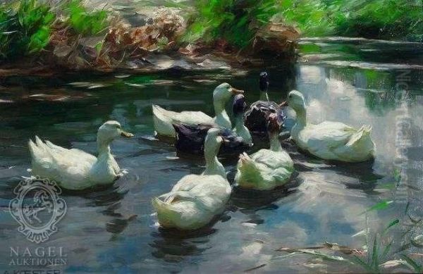 Seven Ducks At Lakeshore Oil Painting by Alexander Max Koester