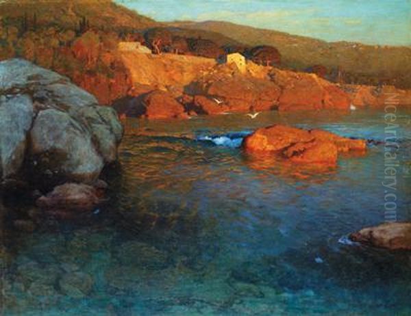 Tramonto Sul Lago Pressofiascherino In Liguria Oil Painting by Alexander Max Koester