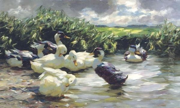 Enten In Grunem Wasser: Ducks On Green Water Oil Painting by Alexander Max Koester