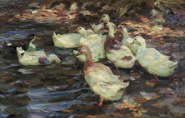 Duckscavorting At Shore Oil Painting by Alexander Max Koester