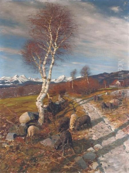 A Shepherdess With Her Flock Oil Painting by Alexander Max Koester