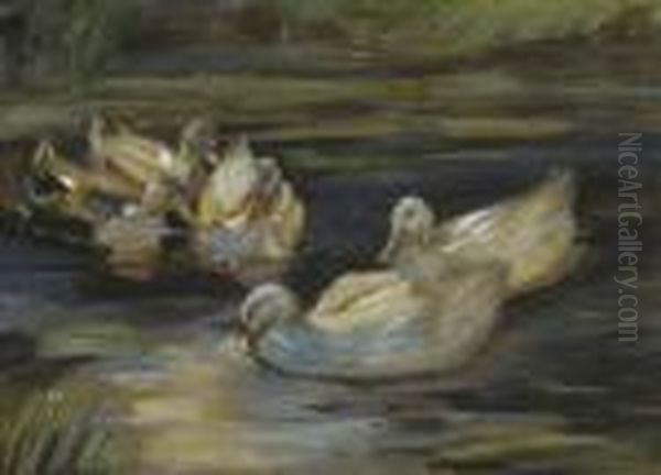 Funf Enten Am Seeufer. Oil Painting by Alexander Max Koester