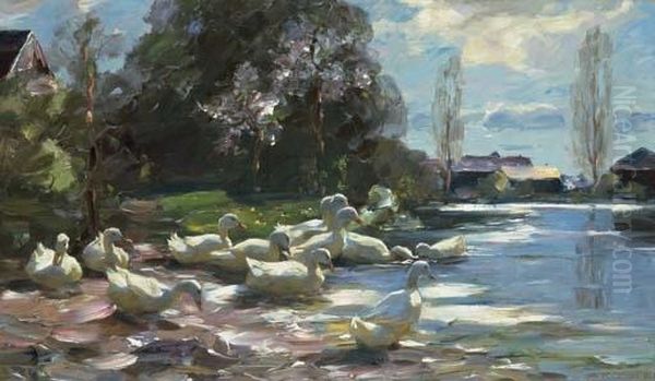 Elf Enten Am Steg (eleven Ducks By A Jetty) Oil Painting by Alexander Max Koester