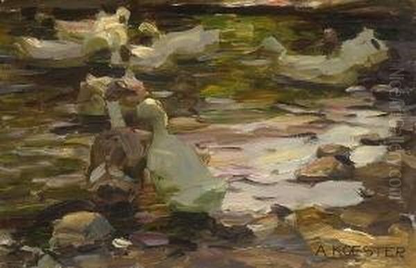 Enten Im Wasser. Oil Painting by Alexander Max Koester