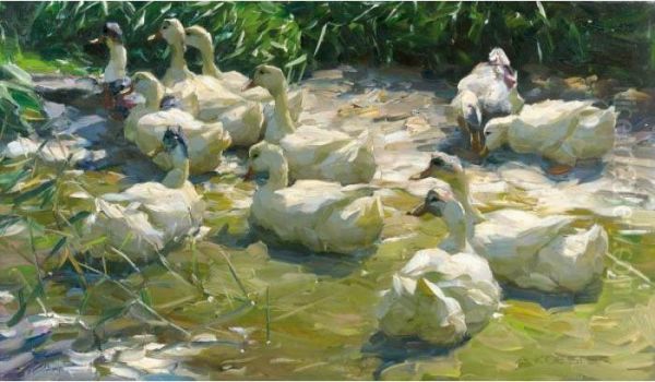 Ducks On A Lake Oil Painting by Alexander Max Koester