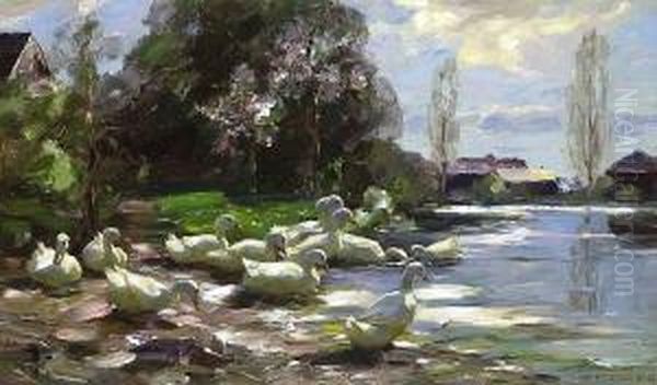 Enten Am Fruhlingshaften
 Seeufer. Oil Painting by Alexander Max Koester