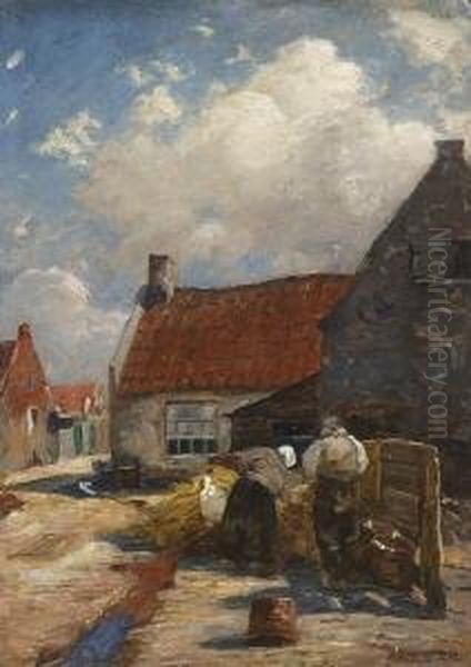 Hollandisches Bauernpaar Bei Der
 Arbeit Auf Der Dorfstrase. Oil Painting by Alexander Max Koester