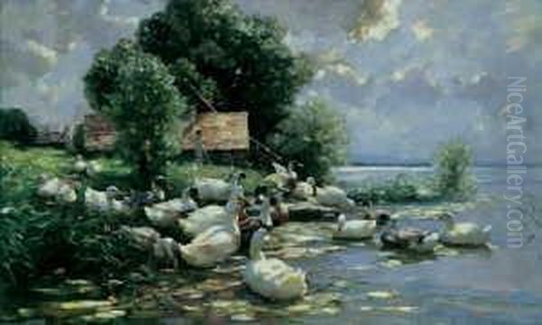 Zweiundzwanzig Enten Am Ufer Des Bodensees. Oil Painting by Alexander Max Koester