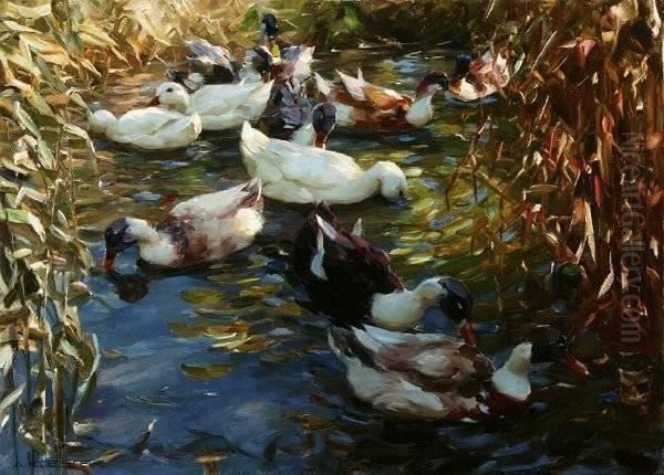 Ducks Along Riverbank Oil Painting by Alexander Max Koester