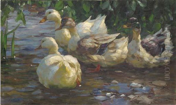 Weisse Enten Am Fluss Oil Painting by Alexander Max Koester