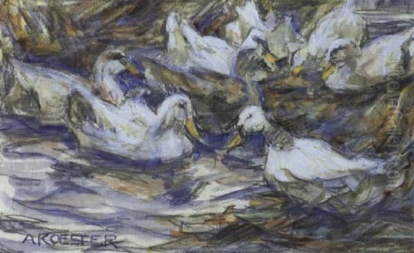 Sechs Enten Im Schilf Oil Painting by Alexander Max Koester