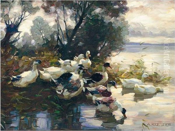 Elf Enten (eleven Ducks) Oil Painting by Alexander Max Koester