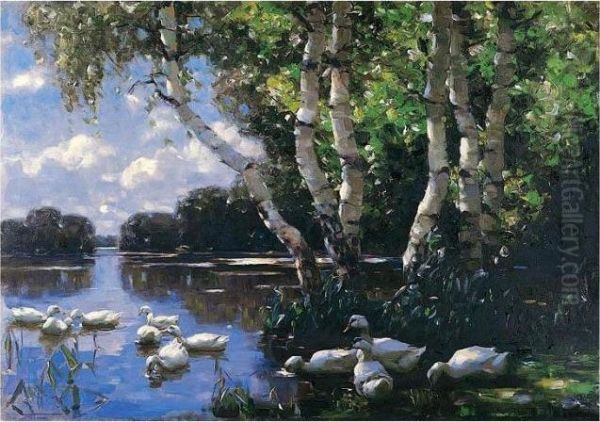 Elf Enten Unter Birken Und Im Wasser (eleven Ducks) Oil Painting by Alexander Max Koester