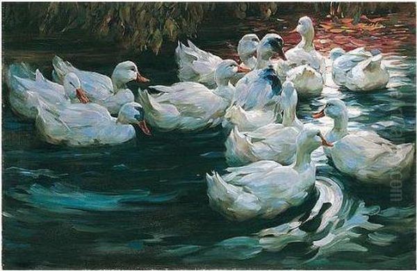 Heimwerts-enten Auf Einem Teich (homeward Bound-eleven Ducks On A Pond) Oil Painting by Alexander Max Koester