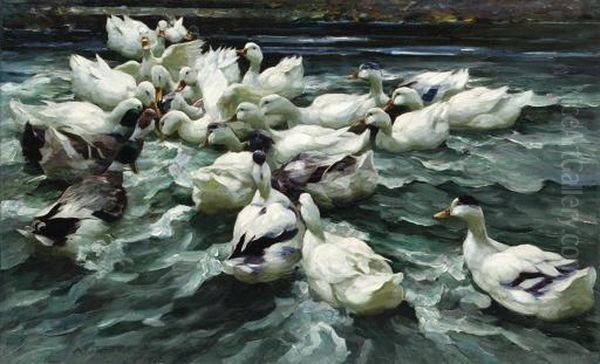 Ducks In A Pond Oil Painting by Alexander Max Koester