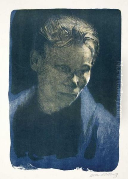 Brustbild Einer Arbeiterfrau Mit Blauem Tuch Oil Painting by Kathe Kollwitz