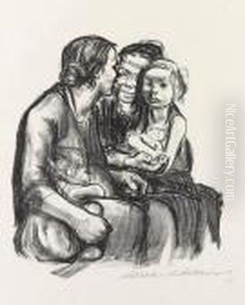 Zwei Schwatzende Frauen Mit Zwei Kindern Oil Painting by Kathe Kollwitz