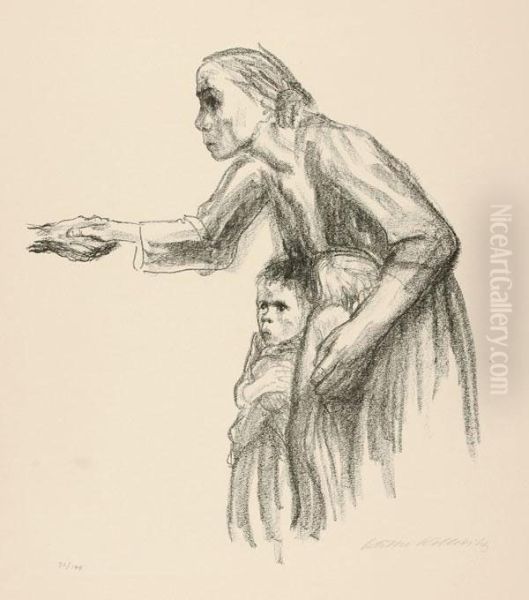 Frau Vertrautsich Dem Tod An Oil Painting by Kathe Kollwitz