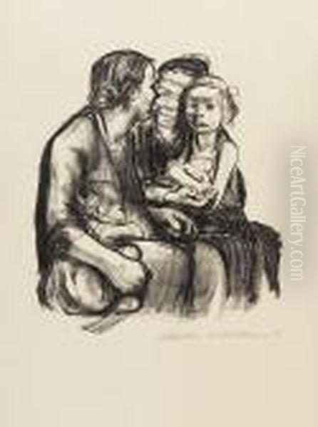 Zwei Schwatzende Frauen Mit Zwei Kindern. Oil Painting by Kathe Kollwitz