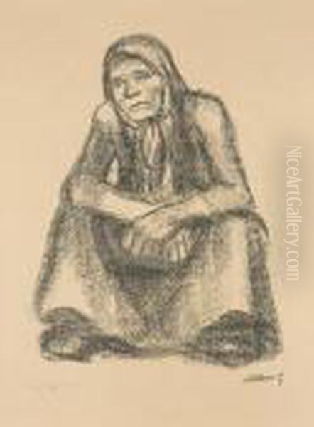 Hockende Frau Von Vorne Mit Ubereinandergelegten Handen Oil Painting by Kathe Kollwitz