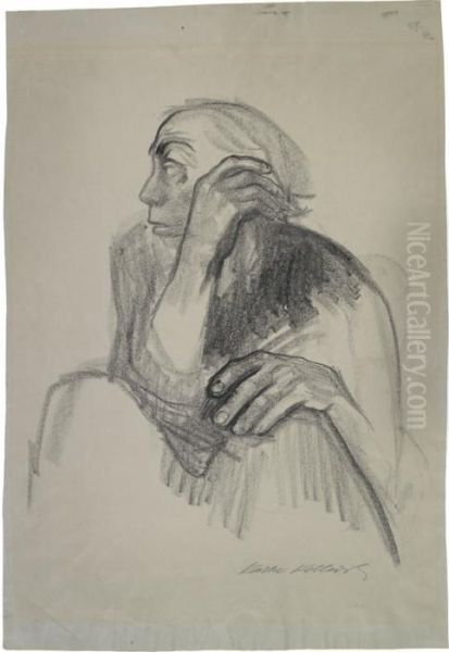 Selbstbildnis,nach Links - Sitzende Frau, Mit 
Aufgestutzter Hand Oil Painting by Kathe Kollwitz