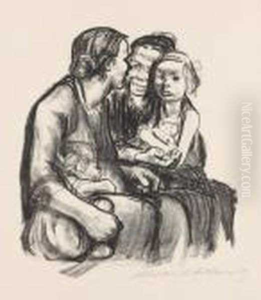 Zwei Schwatzende Frauen Mit Zwei Kindern Oil Painting by Kathe Kollwitz