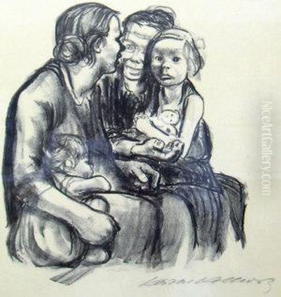 Zwei Schwatzende Frauen Mit Zwei Kindern Oil Painting by Kathe Kollwitz