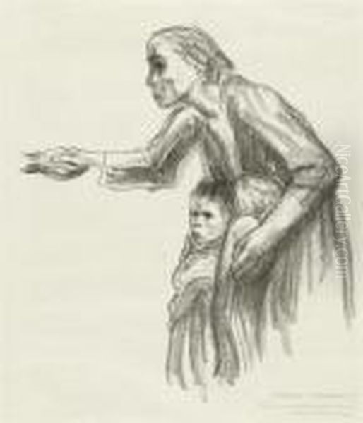 Frau Vertraut Sich Dem Tod An. (woman Givesherself Up To Death) Oil Painting by Kathe Kollwitz